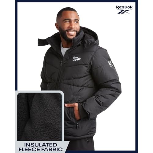 Reebok Mens Winter Jacket - Thick Heavyweight Ski Winter Coat - Warm Insulated Quilted Hooded Puffer Coat for Men