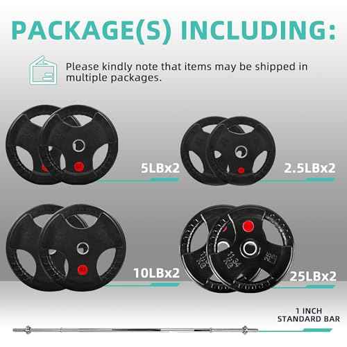 Fitvids Barbell Weight Set, Cast Iron 1" Standard Weight Plates Including 5FT Standard Barbell Bar & Star Locks, 95 Pounds Set (85 Lbs Plates + 10 Lbs Barbell Bar), Multiple Packages