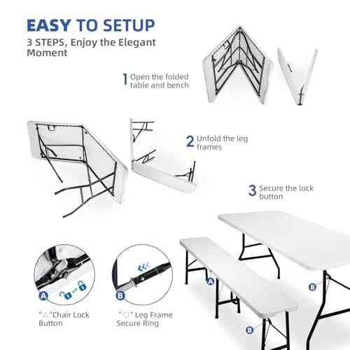SAVWAY 6 Feet Picnic Table Set with 2 Benches, 6ft Folding Camping Table Chair Set for Indoor Outdoor Use, 3-Piece 6 ft Po...