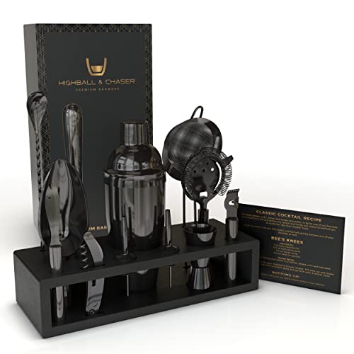 Highball & Chaser 13-Piece Cobbler Cocktail Shaker Set: Black Polished Stainless Steel Bartender Kit for Home Bar Set | La...
