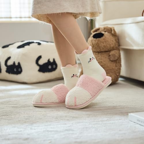GOEWY 2 Pairs Cat Paw Slippers and Fuzzy Cute Socks Gift Set for Women House Slippers with Memory Foam Warm Cozy Socks