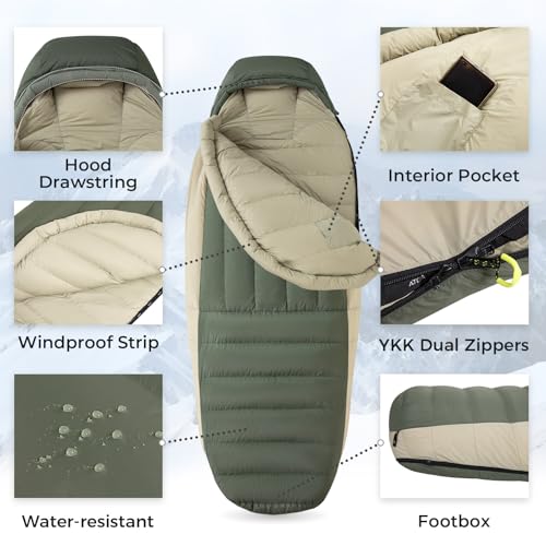 ATEPA 0 Degree Sleeping Bag, 700FP 15°F 20°F 23°F 30°F Down Mummy Cold Weather Double Lightweight Wide XL Sleeping Bags wi...