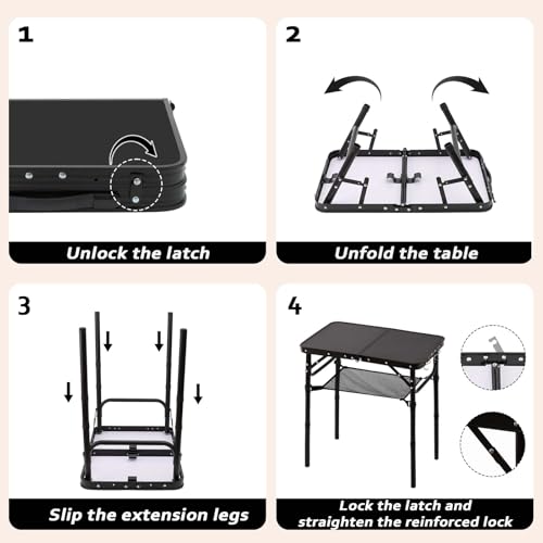YihuiKo Folding Picnic Table with Storage Net, Matte Black Aluminum Folding Table 23.6" x 15.8", Adjustable Height Max 27....