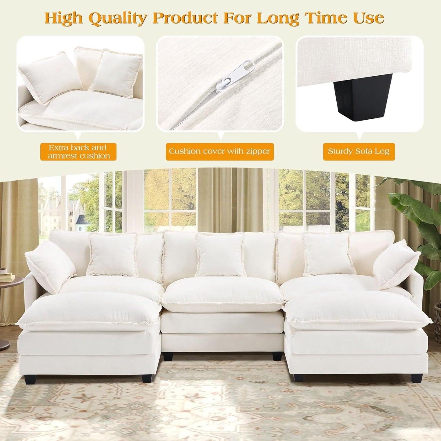 Modular Sectional Sofa,U Shaped Couch for Living Room,Modern Deep Seat Sofa 3 Seater Chenille Fabric Comfy Cloud Couches with Throw Pillows & Movable Ottoman