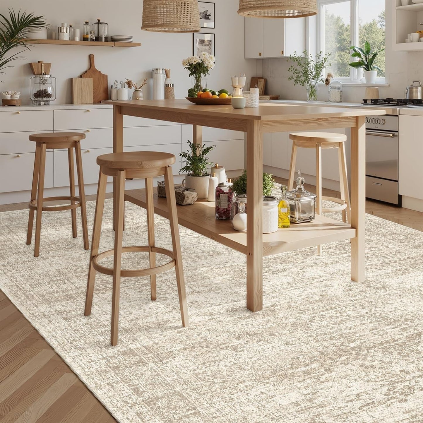 Washable Area Rug 8X10, Large Soft Rugs for Living Room Vintage Beige Carpet 8X10 Area Rugs for Bedroom Dining Room Non-Slip Stain Resistant under Table Rug