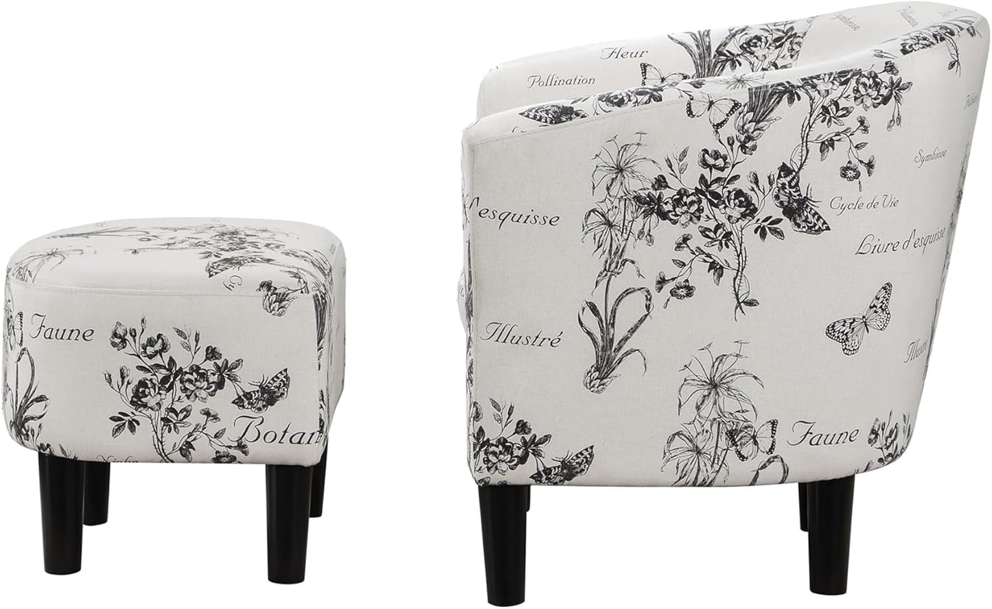 Take a Seat Churchill Accent Chair with Ottoman Set 26.25" - Modern Classic Mid-Back Barrel Accent Chair with U-Shaped Ottoman, for Living Room, Bedroom, Office, Botanical Print