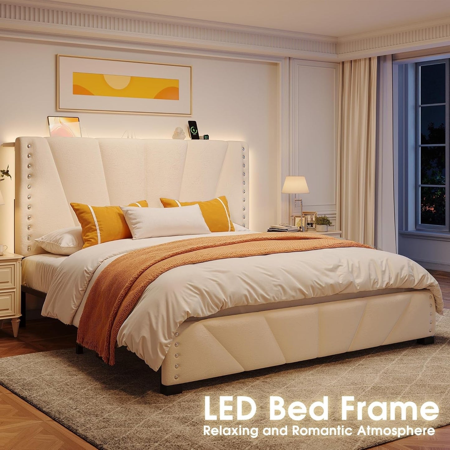 Queen Bed Frame, Velvet Bed Frame with Headboard and Led Light, Platform Bed Frame for Bedroom Apartment, Dorm, Noise-Free, Easy Assembly, Beige