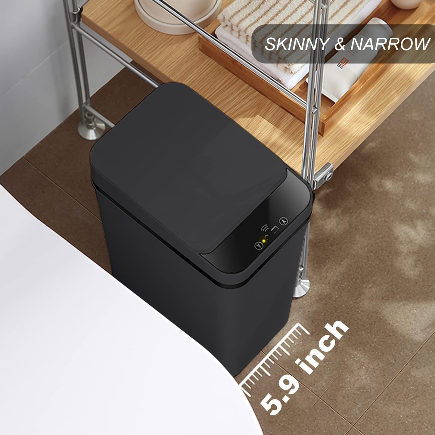 Touchless Bathroom Trash Can - 2.5 Gallon Smart Trash Can Sensor Motion - Skinny Trash Bin with Lid - Electric, Narrow, Plastic, Auto Open - Small Slim Automatic Garbage Can (Black)