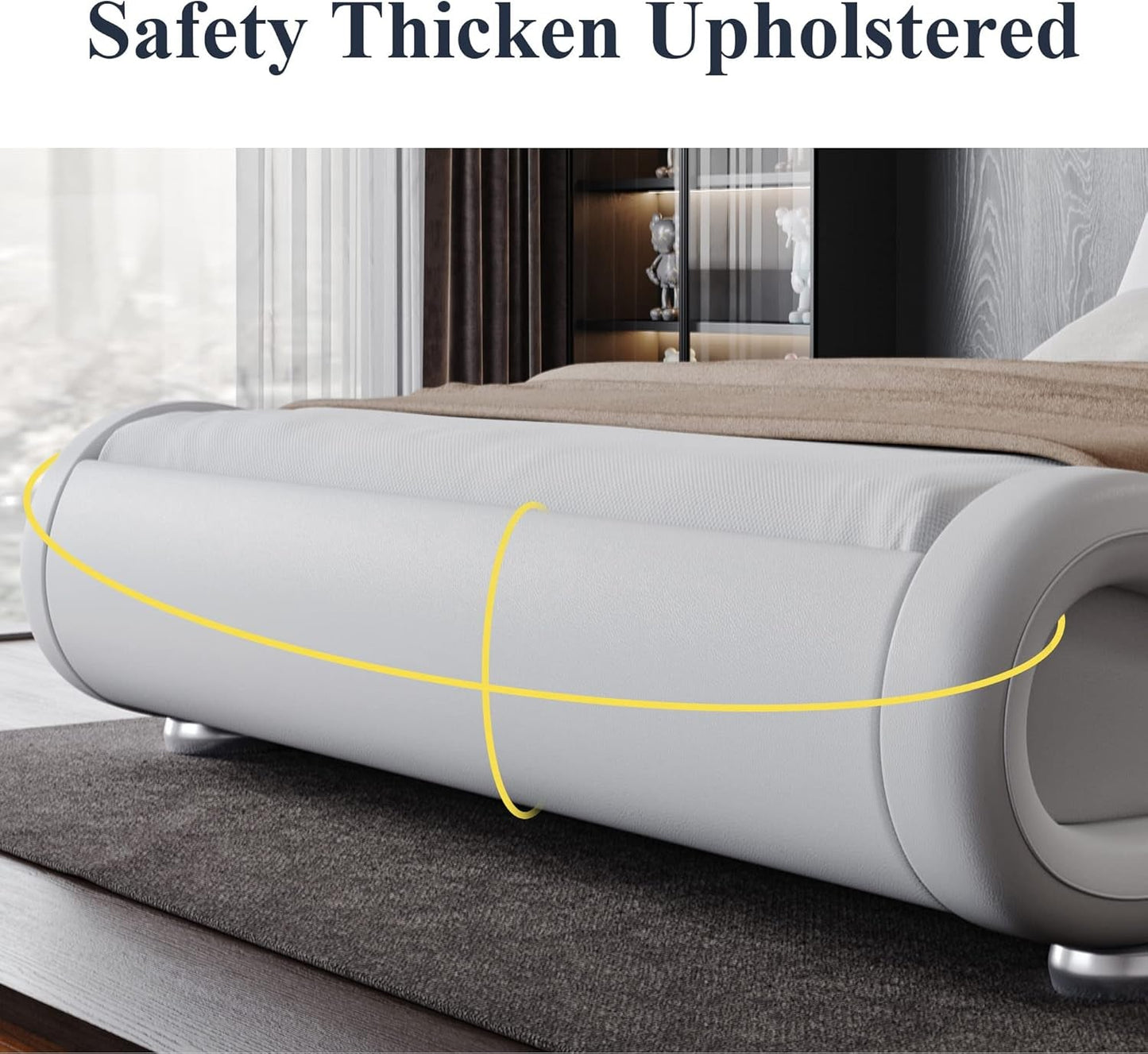 Queen Size Upholstered Platform Bed Frame with Ergonomic & Adjustable Headboard, Modern Low Profile Sleigh Design - Easy Assembly, No Box Spring Needed, White