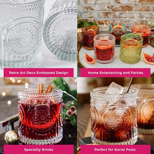 Ribbed Retro Arch Floral Clear Drinking Glasses Set of 6, (10 oz) Vintage Glassware Set by Kate Aspen| Cocktail Glass Set,...