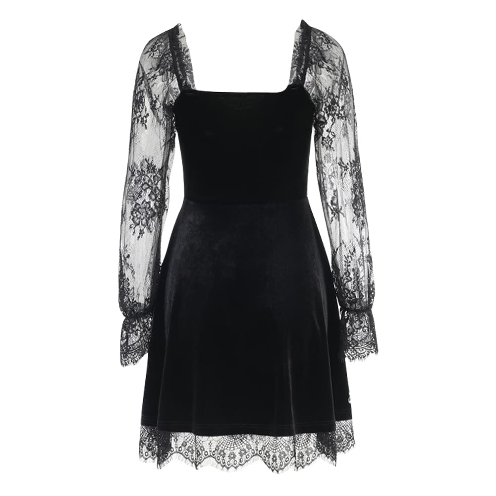 IKADEX Gothic Lolita Dress for Women Black Lace Dress Velvet Mini Dresses Goth Clothes for Teen Girls #A: Black S