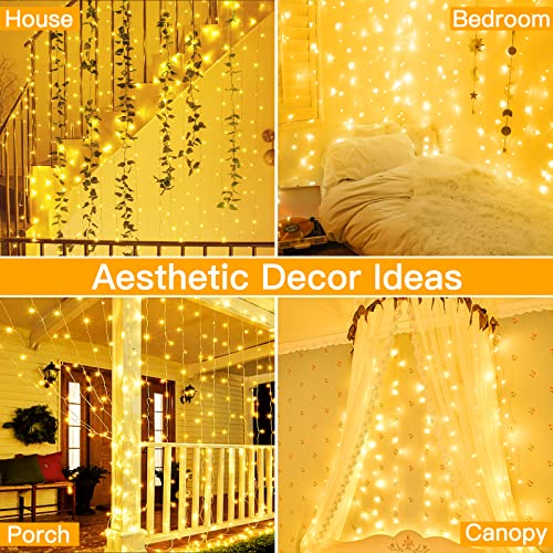 Ollny Curtain Lights 200 LED 6.6x6.6ft, Warm White Waterproof Fairy Lights Curtain for Bedroom Backdrop Wedding Party Deco...