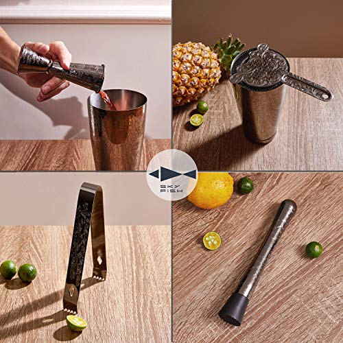 SKY FISH Bartender Kit Cocktail Shaker Set-7 Pieces Stainless Steel Black Plated Etching Bar Tools with Boston Shaker Tin...