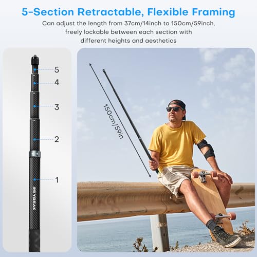 REYGEAK 59 Inch Invisible Selfie Stick for Insta360 X4,Extension Selfie Pole with 1/4 Screw,Carbon Fiber Waterproof Long M...