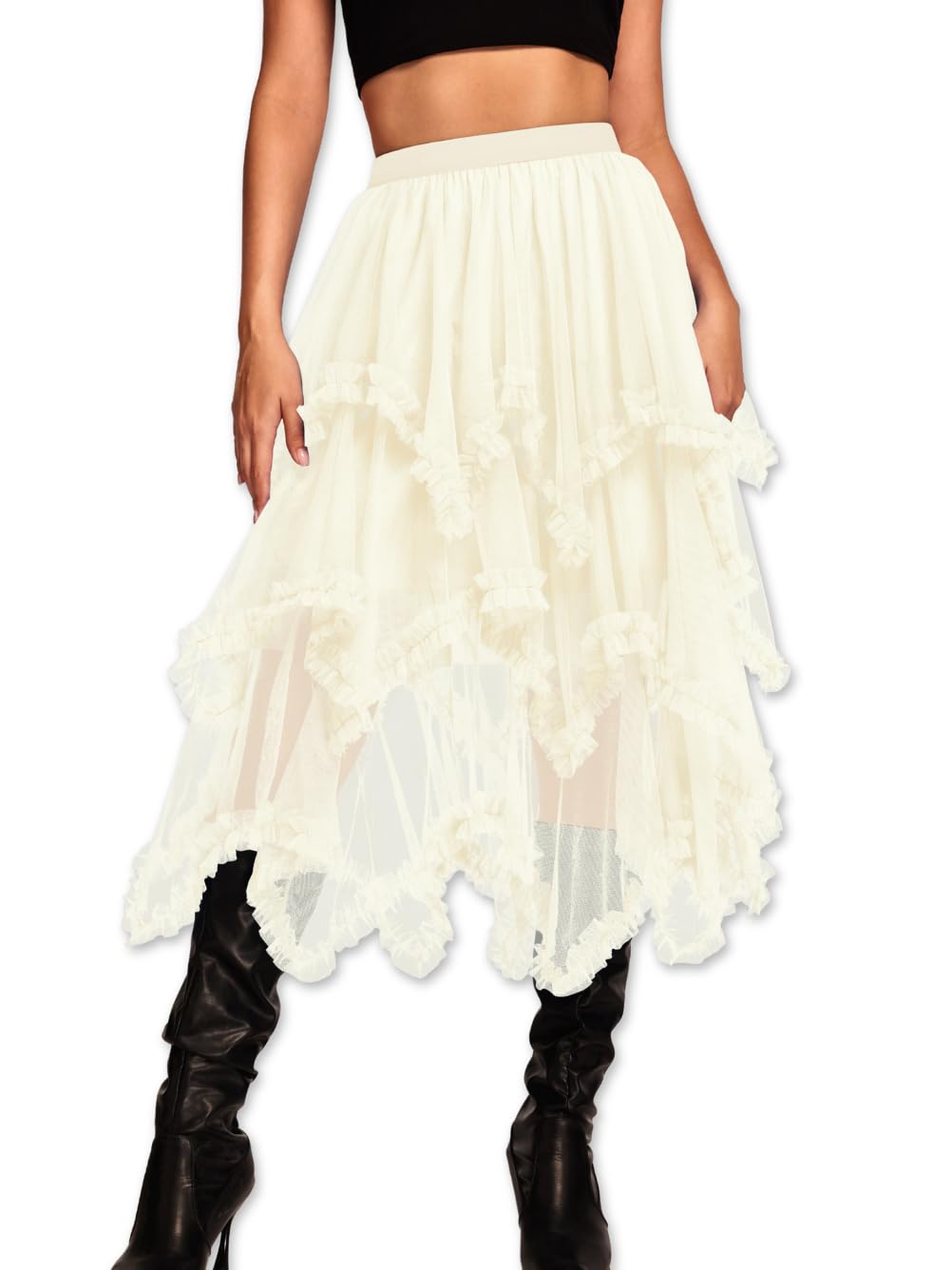 Kaei&Shi Long Tulle Skirt,High Waisted Asymmetrical Ruffle Skirts for Women,Renaissance Fairy Costume Concert Birthday Party Beige One Size