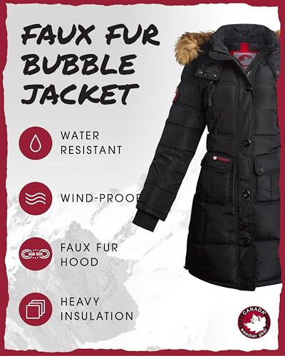 CANADA WEATHER GEAR Womens Long Puffer Coat - Heavyweight Wind Water Resistant Faux Fur Hood Parka Winter Jackets for Women
