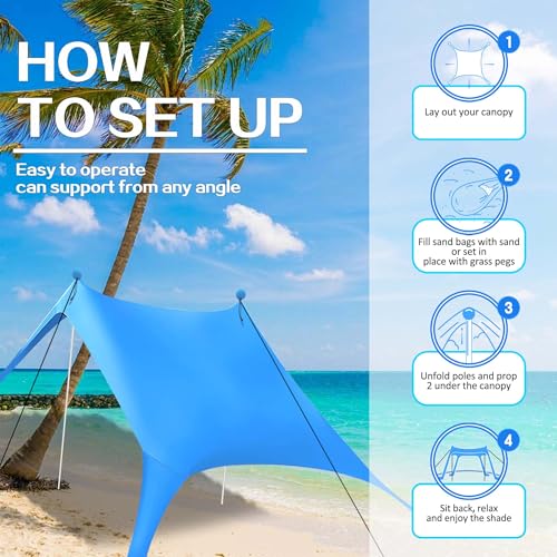 BRONOM Beach Canopy Beach Tent Sun Shelter 7.5X7.5 FT Beach Shade Canopy UPF50+ Sun Protection Windproof Ropes Carry Bag E...