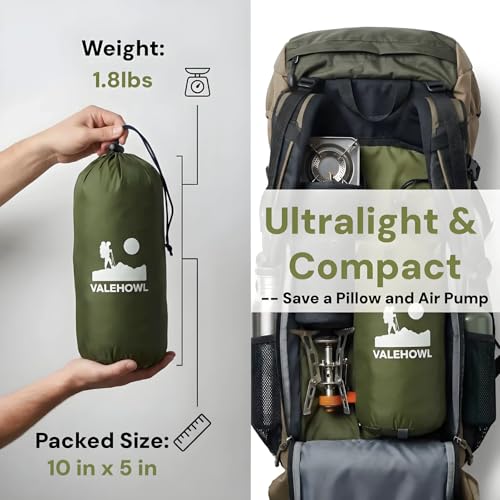 VALEHOWL 1.8 Pounds Ultralight Inflatable Camping Sleeping Pad, Portable Outdoor Air Mattress, Compact Backpacking Sleepin...