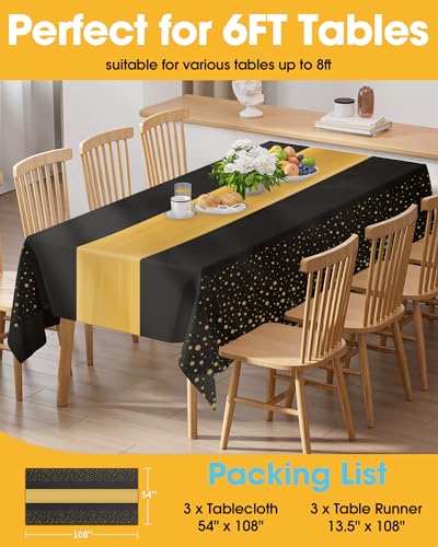 Niuara New Year Table Cloth for Rectangle Table and Table Runner Set - 3+3 Pack, Plastic Table Cloth Disposable, Black and...