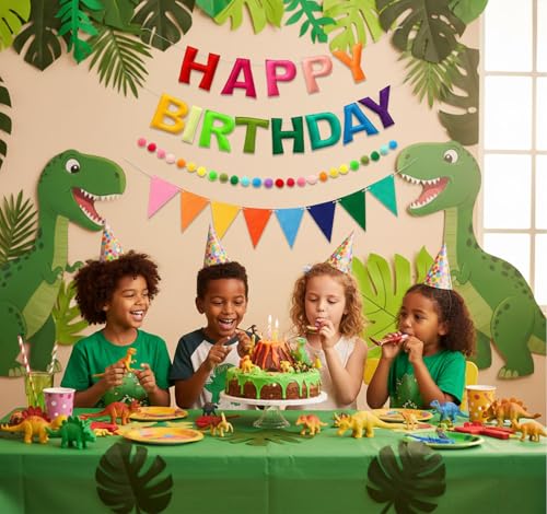 3D Happy Birthday Banner Set – Pre-Strung Reusable Rainbow Happy Birthday Decorations with Felt Ball Garland, Triangle Fla...