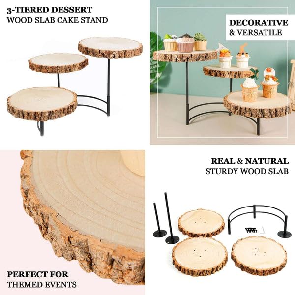 Tableclothsfactory 12" Tall | 3-Tier Wood Slice Cheese Board, Cupcake Stand, Half Moon Rustic Centerpiece