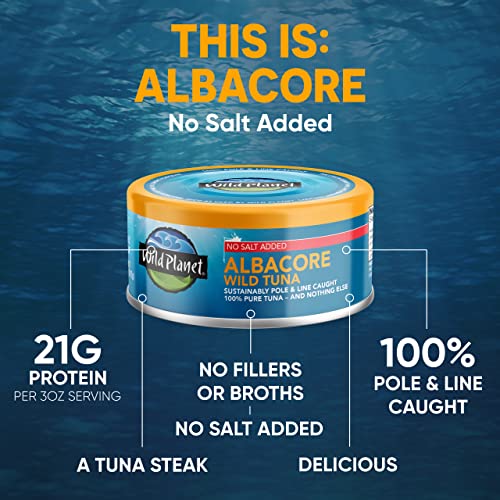 Wild Planet Wild Albacore Tuna, No Salt Added, Canned Tuna, Sustainably Wild-Caught, Non-GMO, Kosher 5 Ounce (Pack of 12),...