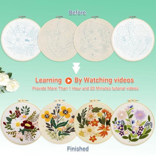 Bonroy 4 Sets Embroidery Set for Beginners Art Crafts Easy Sewing Includes Embroidery Clothes with Pattern, Hoop, Instruct...