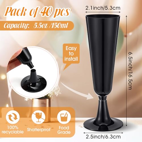 Domensi 40 Pack Black Champagne Flutes Bulk Plastic Disposable Champagne Glasses 5.5 oz Plastic Mimosa Glasses Wedding Coc...