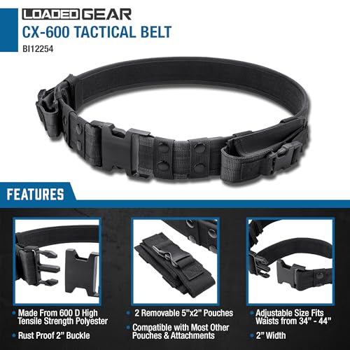 Barska Loaded Gear Tactical Utility Belt – Heavy Duty Adjustable 34-44 Inches with Removable Pouches for Outdoors