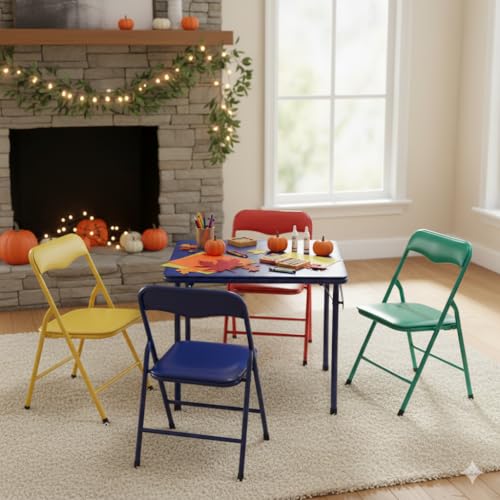 FurnitureR Kids 5-Piece Folding Table & Chair Set, Colorful Activity Table for Holiday Crafts, Playtime, Learning & Family...