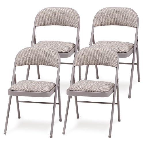 MECO 4-Pack Steel Frame Folding Dining & Event Chairs, Chicory Lace Motif Upholstery, Beige - Foldable Seating with Cushio...
