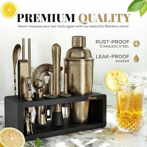 Brushed Brass Mixology Kit - 15 Piece Bar Tool Set, Silver Bar Set Cocktail Shaker Set for Drink Mixing - Includes Martini...