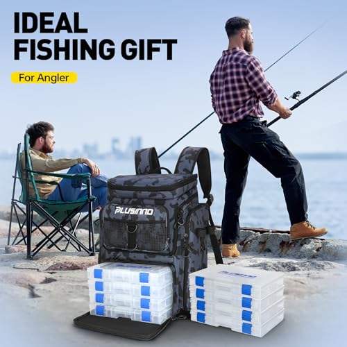 PLUSINNO Fishing Backpack with Rod Holders Tackle Box, 42L Large Water-resistant Fishing Tackle Bag Store Fishing Gear