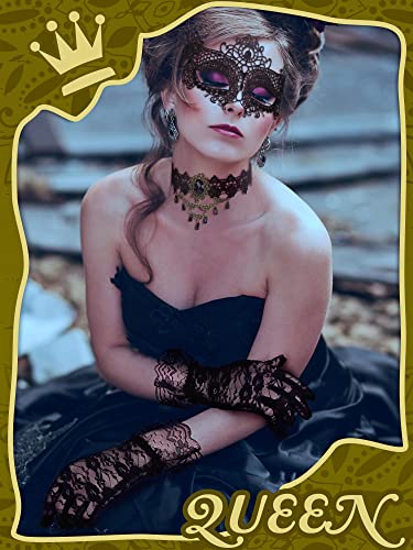 Boao Halloween Masquerade Costume Set for Women, Lace Masquerade Mask Gloves Gothic Choker Necklace Cosplay Accessories
