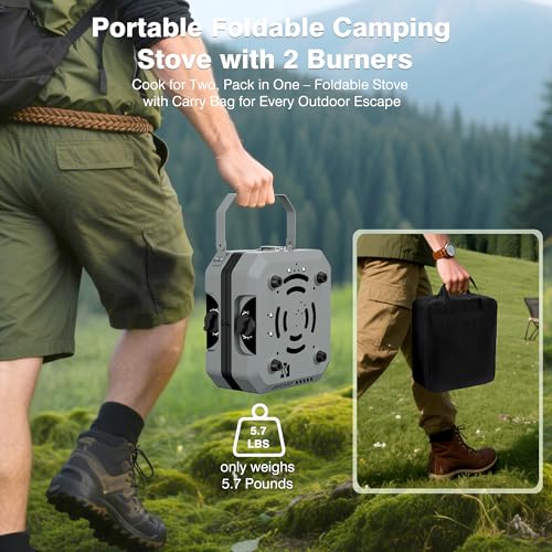 Camping Stove Portable Propane Camp Stove with Independently Adjustable Heat & 2 Burners, Foldable Gas Stove with Carry Ba...