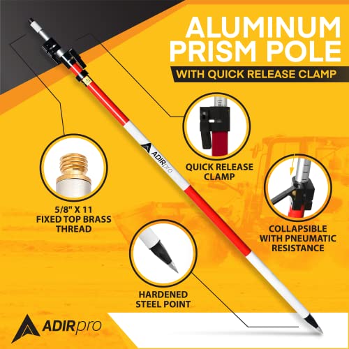 AdirPro Aluminum Prism Pole - Telescopic 12’ (3.7m) – Fixed Adapter Tip – Quick Release Clamp - Metric Graduation - Strong...
