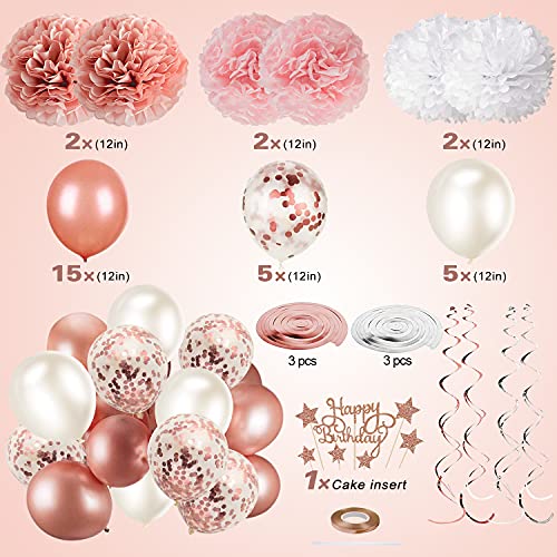Rose Gold & Pink Party Decorations Set - Happy Birthday Banner, DIY Cake Topper, Circle Dots & Swirls Garlands, Tissue Pap...