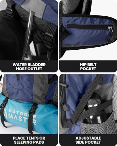 OutdoorMaster 50L Hiking Backpack with High Strength Aluminum Support, Lightweight Travel Daypack with Rain Cover, Waterpr...