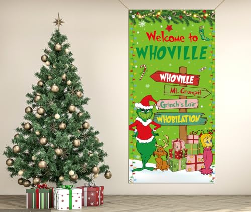 Sunwer Welcome Xmas Door Cover Green Elf Christmas Winter Holiday Party Decoration Front Porch Sign Backdrop Banner for Ho...