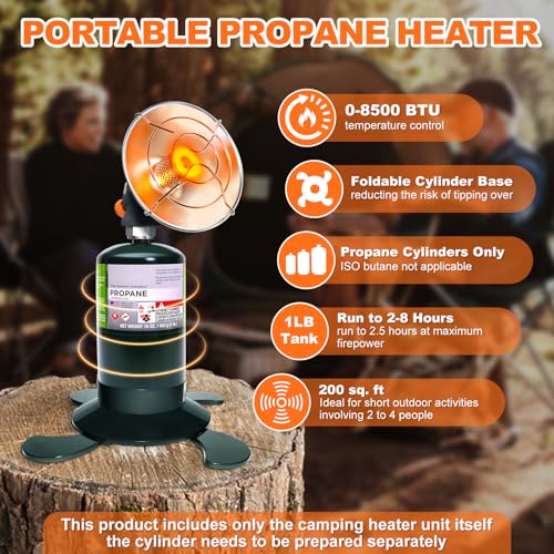 Portable Propane Heater Outdoor Camping Heater, 8500 BTU, Piezo Ignition, for Patio Tent Picnic Ice Fishing, With Cylinder...
