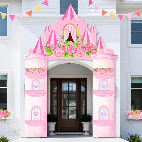 Bafeil Princess Birthday Party Decorations Supplies - Castle Door Porch Banner Backdrop and Pink Foil Fringe Curtains for ...