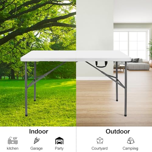 WGCTEK 4 ft Plastic Folding Table with Carrying Handle, Straight Legs for Camping, Wedding, Kitchen, Beach - White