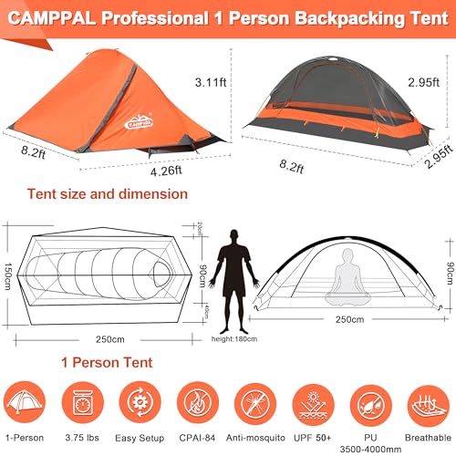 camppal 1 Person Tent for Camping Hiking Mountain Hunting Backpacking Tents 4 Season Resistance to Windproof Rainproof and...