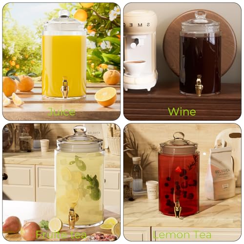 Glass Drink Dispensers For Parties, 2 PACK 1 Gallon Beverage Dispenser With Lids, Gold Metal Stand And Spigot 100% Leak pr...