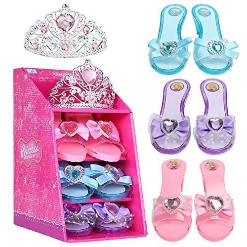 Mastom Girls Play Set! Princess Dress Up Shoes and Tiara (3 Pairs of Shoes + 1 Tiara) Role Play Collection Fashion Princes...