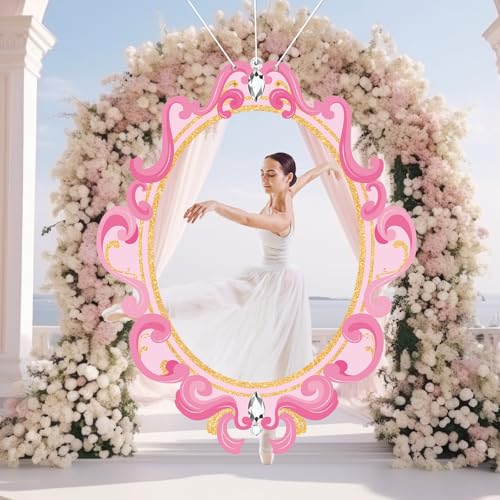 Princess Mirror Photo Booth Props Pink Princess Birthday Party Decorations 63×51 in Fabric Backdrop Mirror Themed Door Ban...