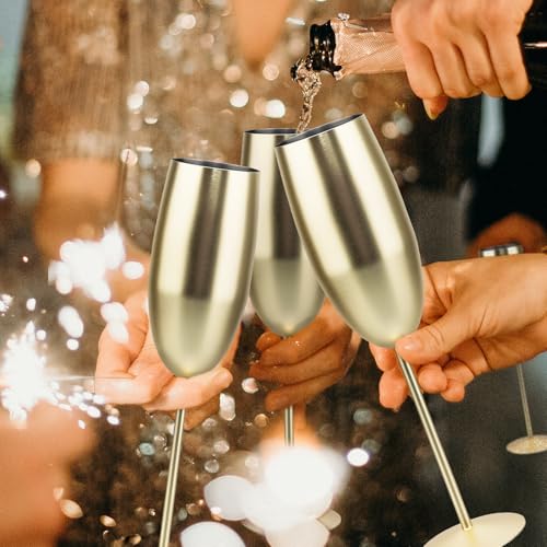 MeowvCraft Champagne Glasses Stainless Steel Set of 4, 8.5oz Champagne Flutes-Elegant Wedding Unbreakable Wine Cups Gifts ...