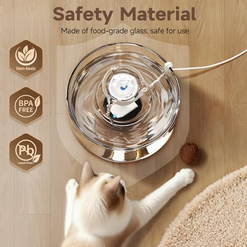 PETIMI Glass Cat Water Fountain, 2.7L/91 oz Ultra-Quiet Pet Fountain, Automatic Water Dispenser for Cats & Small Dogs, Spi...