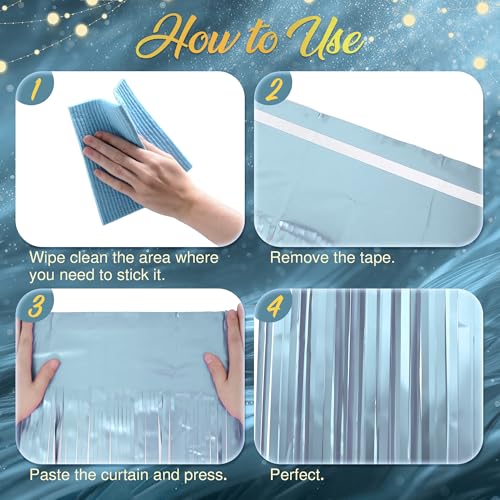 2 Pack Metallic Light Blue Fringe Backdrop, 3.2x8.2ft Shining Foil Tinsel Curtains, Birthday Party Decorations Door Stream...