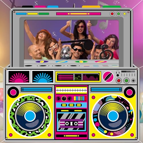 Fabric Radio Boombox Photo Booth Props for 90s 80s Party Decorations 59 X 59 Inch, Retro Radio Boombox Selfie Backdrop Han...